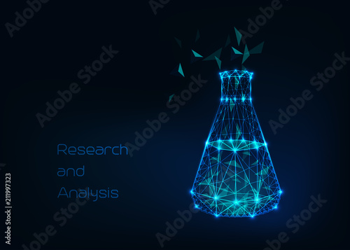 Scientific background with low poly wireframe beaker, tes tube and abstract tetrahedral structure compound.
