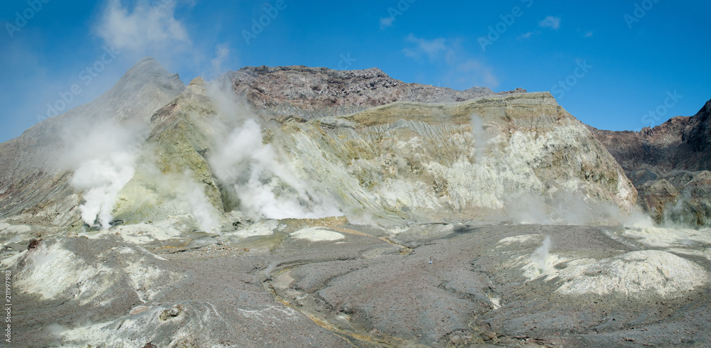 Panorama of the thermal activity in the crater of the active volcano of White Island, Whakaari, off the Bay of Plenty coast, New Zealand. Cliffs stained yellow with sulphur.