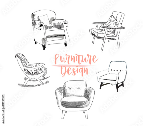 vector interior design illustration.living room furniture. hand drawn watercolor sketch. Mid century modern. hand drawn furniture collection. 