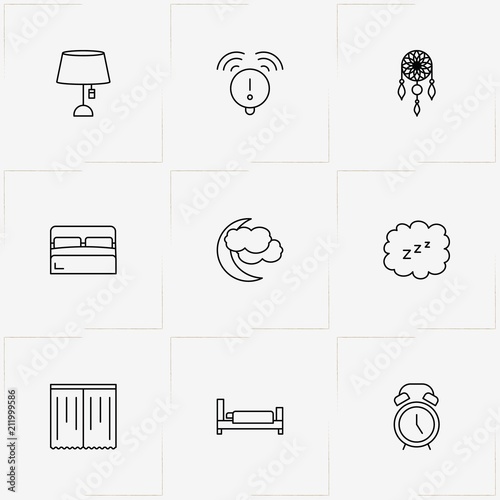 Sleep line icon set with crescent , alarm  and curtain