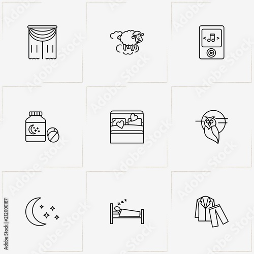 Sleep line icon set with nightgown , curtain and bed