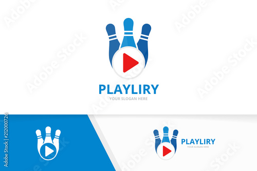 Vector bowling and play button logo combination. Game and record symbol or icon. Unique kegling and connect logotype design template.