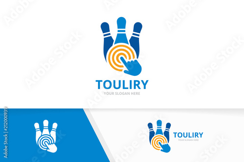 Vector bowling and click logo combination. Game and cursor symbol or icon. Unique kegling and digital logotype design template.