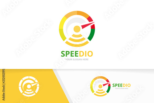 Vector speedometer and wifi logo combination. Tachometer and signal symbol or icon. Unique speedo and radio logotype design template.