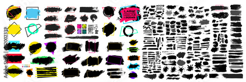 Black paint, ink brush stroke, brush, line or texture. Dirty artistic design element, box, frame or background for text. Blank shapes for your design. Vector illustration. Isolated on white background