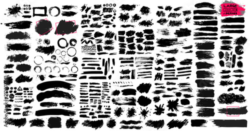 Big Set of black paint, ink brush strokes, brushes, lines, grungy. Dirty artistic design elements, boxes, frames. Vector illustration. Isolated on white background. Freehand drawing photo