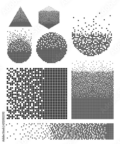 Set of dissolved filled square dotted vector icon with disintegration effect. Vector illustration geometric figures items are grouped into disappearing filled square form. Isolated on white background photo