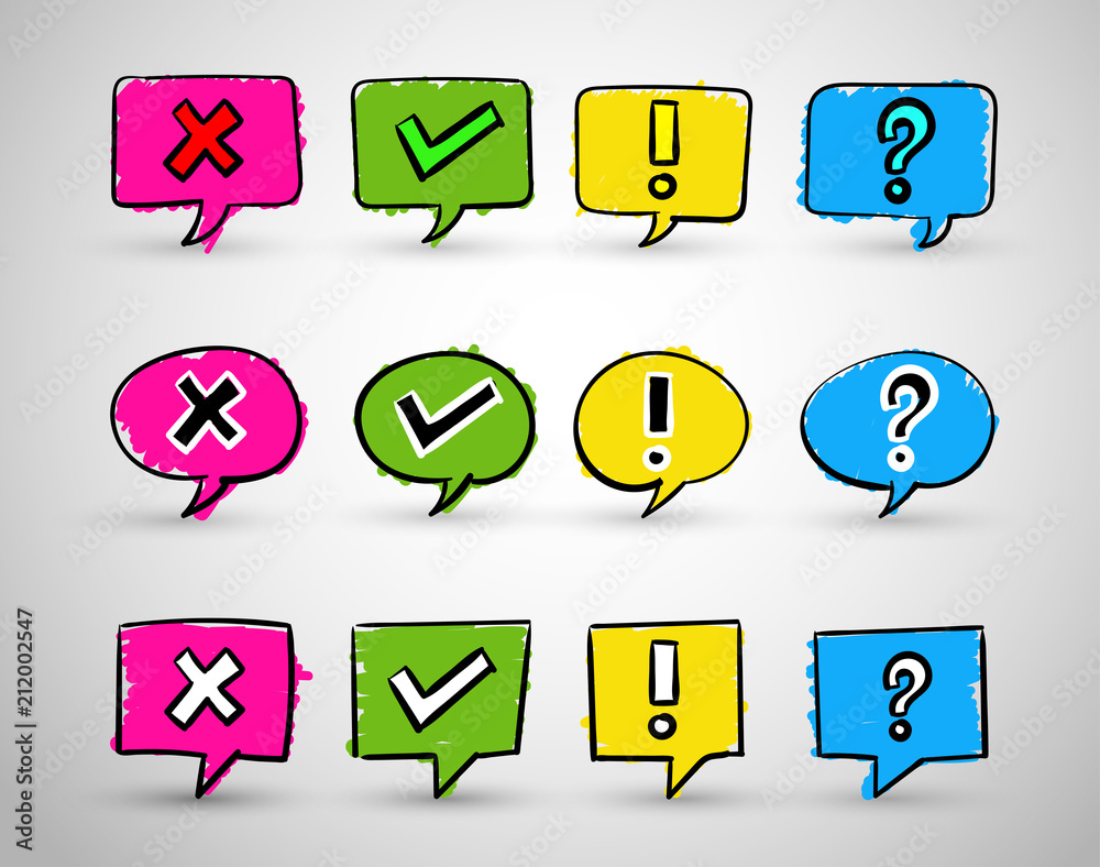 Set of hand drawn check box icons. Freehand drawing. Colorful tick and ...