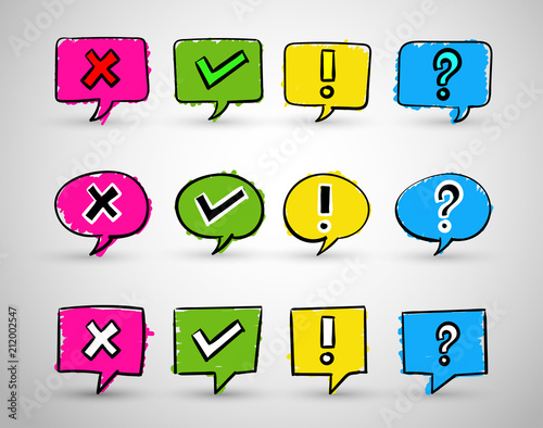 Set of hand drawn check box icons. Freehand drawing. Colorful tick and cross, question mark, exclamation point. Vector illustration. Isolated on white background