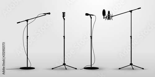 Set of microphones on counter. Flat design silhouette microphone, music icon, mic. Vector illustration. Isolated on white background
