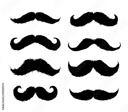 Set of Moustaches sticker. Hand drawn black silhouettes for paper cutting design. Mustache for barbershop or mustache carnival. Freehand drawing. Vector illustration. Isolated on white background