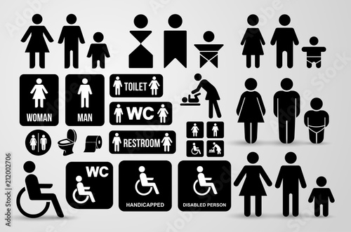 Set of WC black sign for restroom. Toilet door plate icons. Men and women symbols. Vector illustration. Isolated on white background
