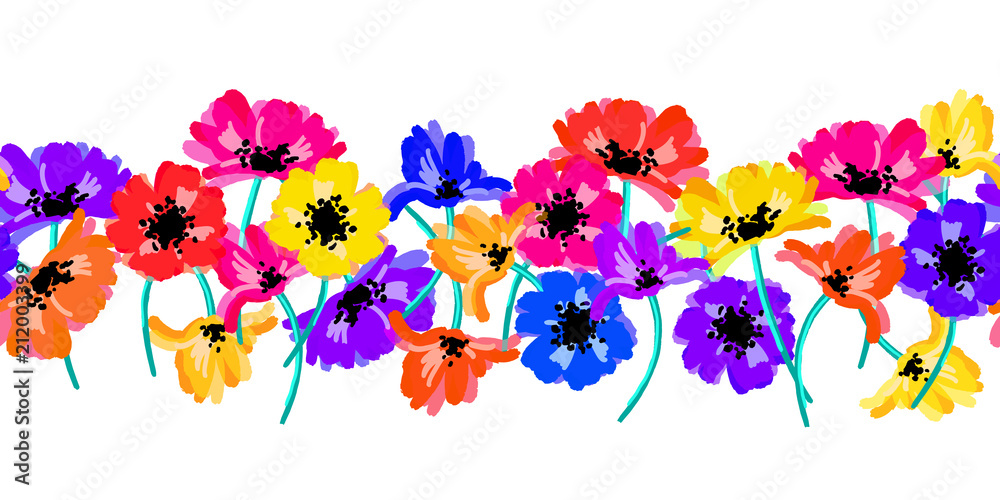 Vector seamless border with hand drawing flowers, multicolor bright artistic botanical illustration, isolated floral elements, hand drawn repeatable illustration.