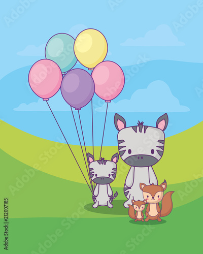 cute zebras with balloons and squirrels over landscape backgorund, colorful design. vector illustration