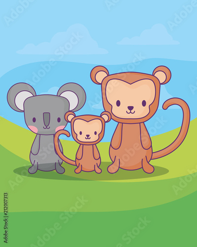cute monkeys and koala over landscape background, colorful design. vector illustration