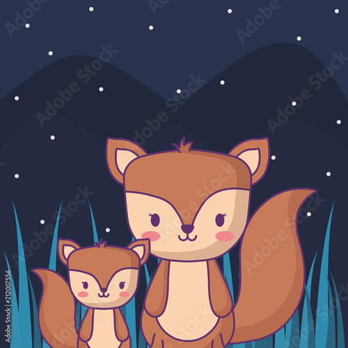 cute squirrels over night landscape background, colorful design. vector illustration