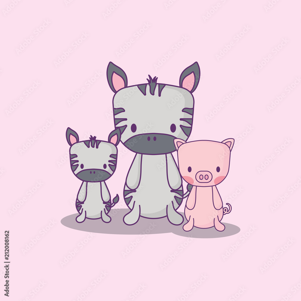 Obraz premium cute zebras and pig over pink background, colorful design. vector illustration