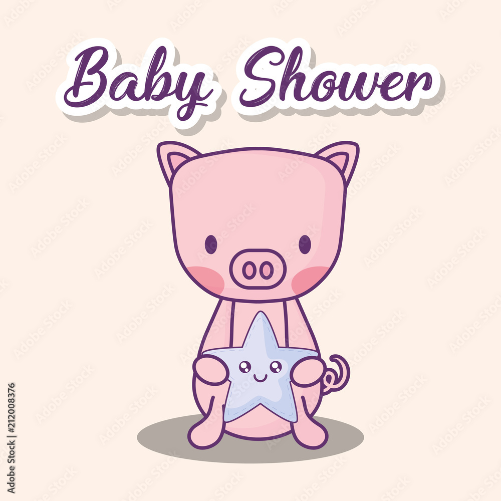 Baby shower design with cute pig holding a star over white background, colorful design. vector illustration Baby shower design with cute pig holding a star over white background, colorful design. vector illustration