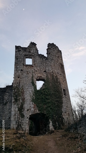 Old castle ruins entrance made from stone and covered in plant overgrowth at sunset in Samobor, Croatia