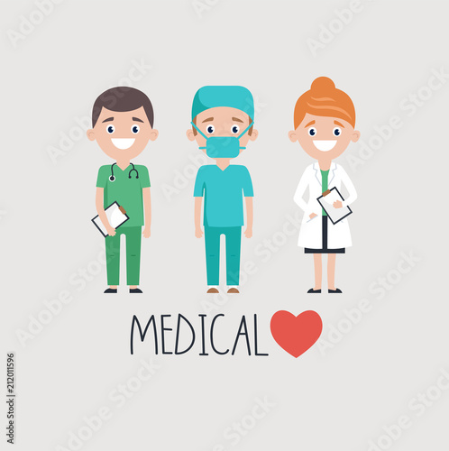 Cheerful male and female medics in uniform and medical word with heart on gray background 