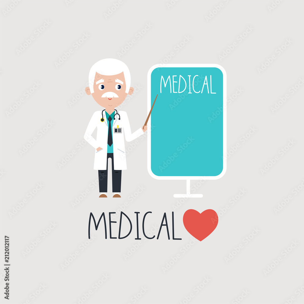 Senior white-haired male doctor pointing on medical word on board on gray background Senior white-haired male doctor pointing on medical word on board on gray background