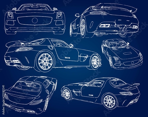 Set sketch of a modern sports car on a blue background with a gradient.