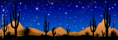 Desert at night, the stars shine. Desert with cactuses against the background of the night starry sky.