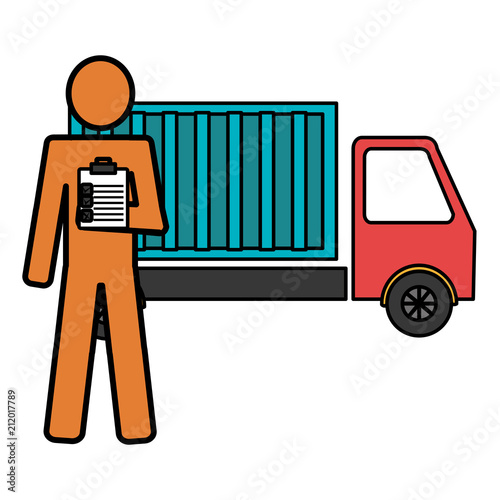 delivery worker with checklist and truck