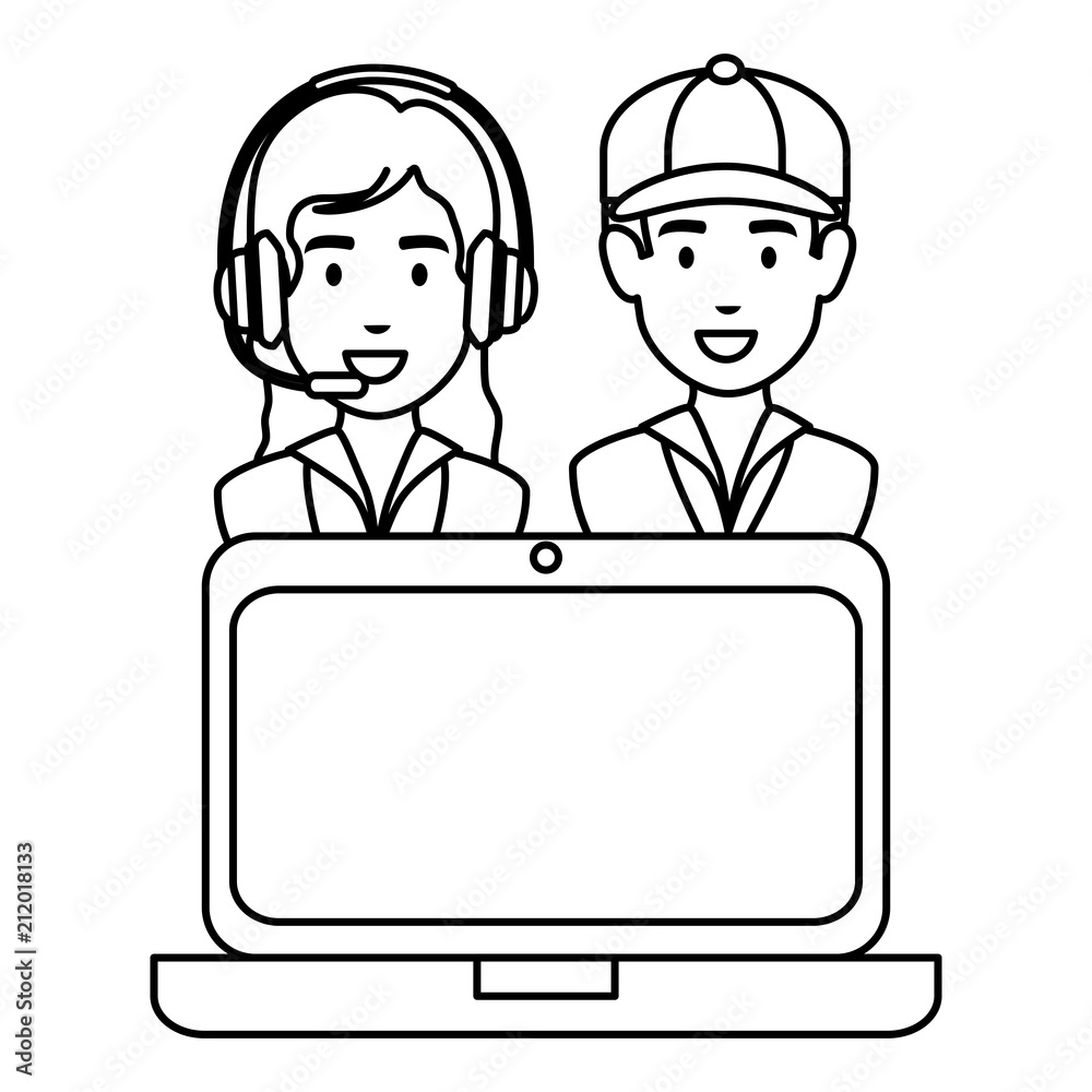 logistic workers with headset and laptop logistic workers with headset and laptop