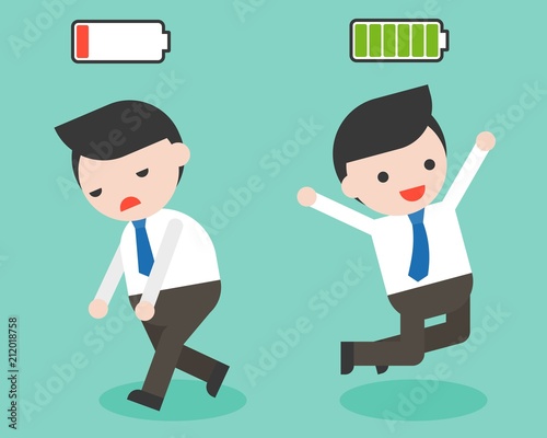 Happy and full of energy businessman, burnout and lack of energy businessman, flat design character