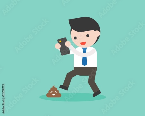 Businessman addict smartphone and don’t looking poo on road, social network addict concept flat design
