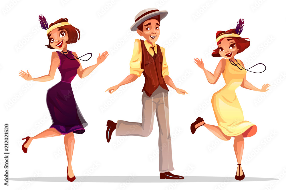 Fototapeta premium Tancerzy jazzowych ilustracji wektorowych kobiet w średnim wieku i mężczyzny w kapeluszu, taniec charleston lub występ muzyki kabaretowej w sukience retro, biżuterii vintage i pióropusz z piór na kapeluszu