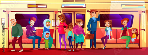 Subway people social issue vector illustration of overcrowded train. Young boy and teen girl sitting, not giving place to pregnant and old woman going from work in metro