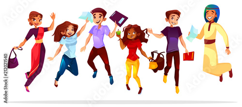 College or university students vector illustration of classmates different nationalities jumping up. Happy Saudi Arabian and Asian or Indian girl, black Afro American boy with school bags and books