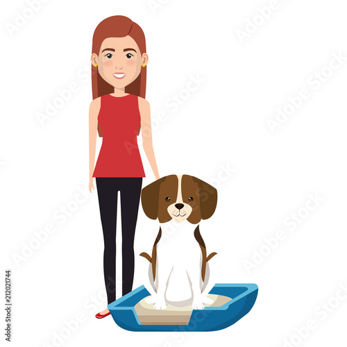 young woman with dog in bed characters