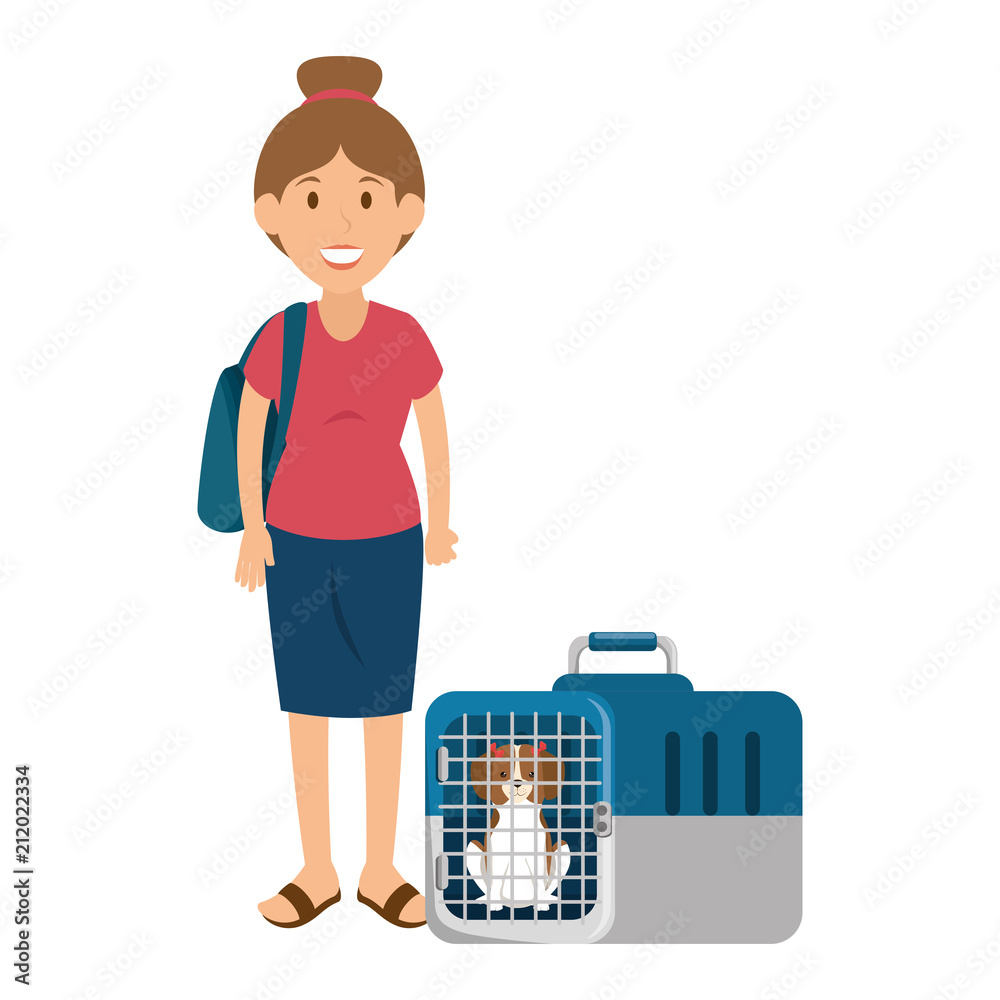 young woman with dog in the transport box characters