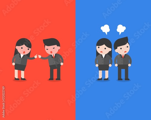 Angry Businesswoman quarrel with angry businessman, business situation of conflict at workplace, ready to use flat design