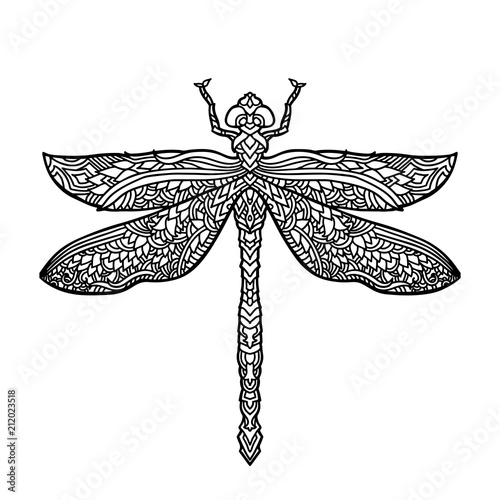 Bllack and white dragonfly in mandala style. Stylized insect. Boho vector illustration. Ethnic pattern.