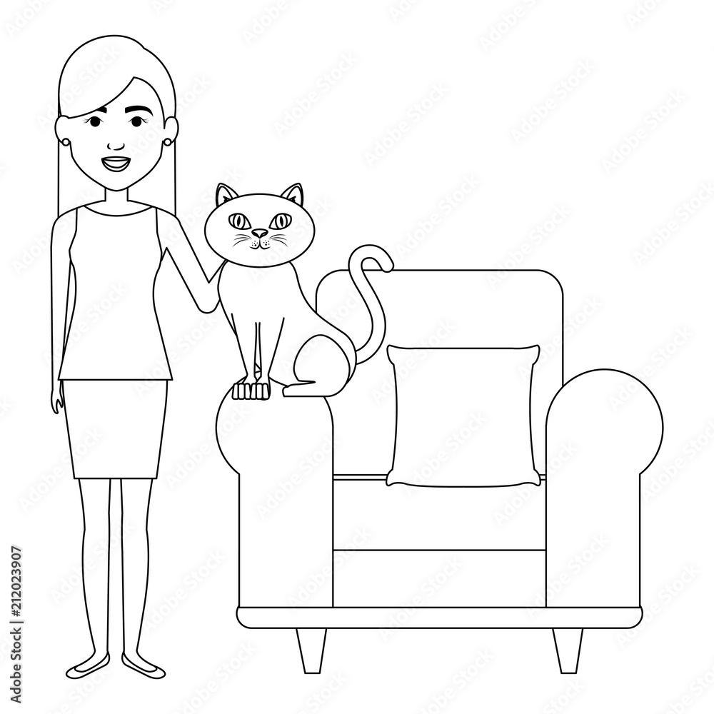 young woman with cat in the sofa characters young woman with cat in the sofa characters