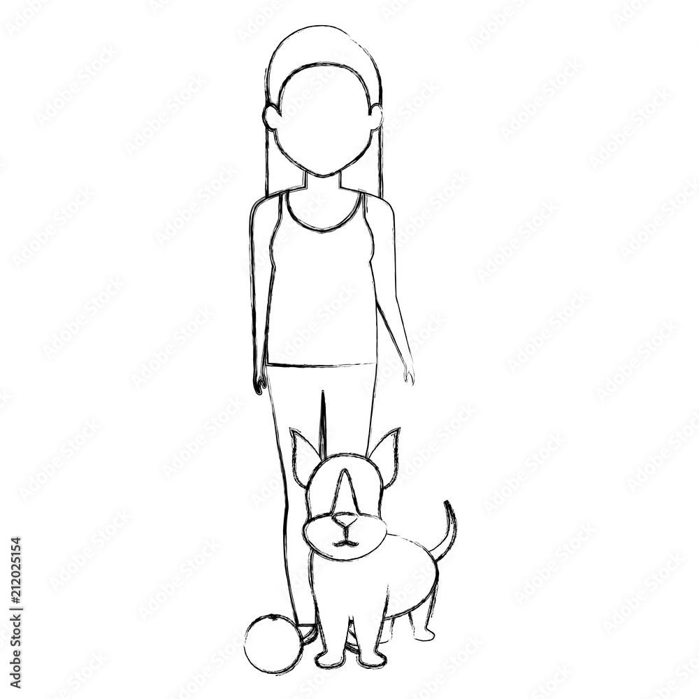 young woman with dog and ball characters young woman with dog and ball characters