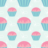 Color seamless pattern of delicious cupcakes on a blue background. Simple flat vector illustration. Suitable for Wallpaper, fabric, wrapping paper, covers.