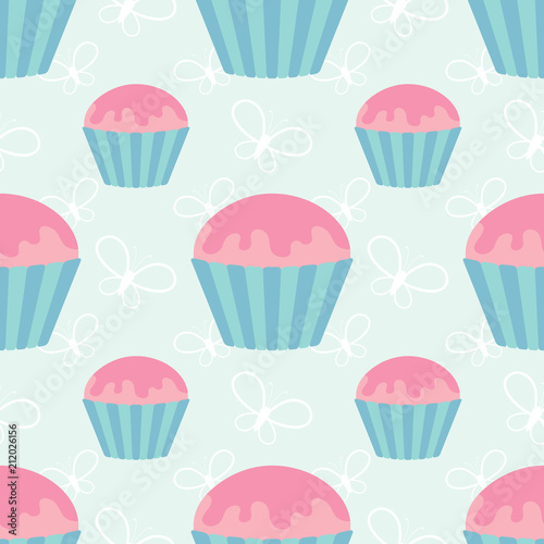 Color seamless pattern of delicious cupcakes on a blue background. Simple flat vector illustration. Suitable for Wallpaper, fabric, wrapping paper, covers.