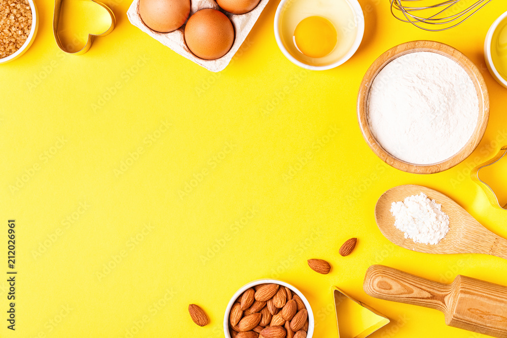 Ingredients and utensils for baking on a pastel background. - obrazy, fototapety, plakaty 
