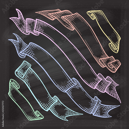 Vector set of chalk doodle scrolls and ribbons on the chalkboard background