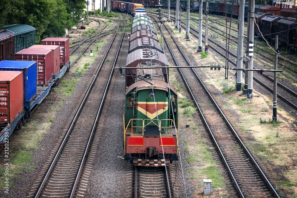 Naklejka premium Long trains of freight cars and the locomotive