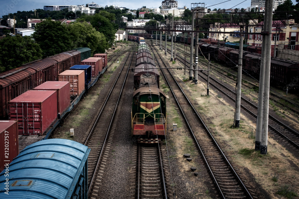 Long trains of freight cars and the locomotive