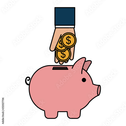 hand with coins and piggy savings vector illustration design