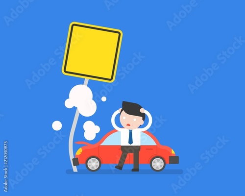 businessman and car accident crash with post on road, insurance and accident business situation ready to use, flat design