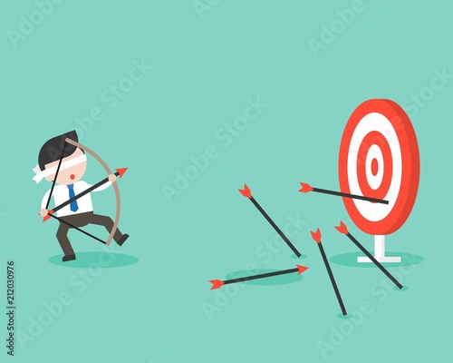 Blind businessman try to use bow and arrow for archery but missing the goal , business situation ready to use flat design