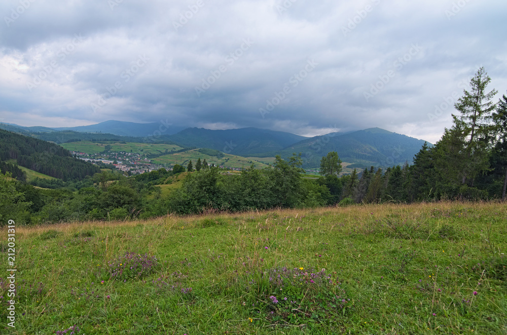Stunning mountain landscape of Ukrainan Carpathian. View from the top of Volovets Pass. cloudy summer day. Zakarpatska oblast, Ukraine